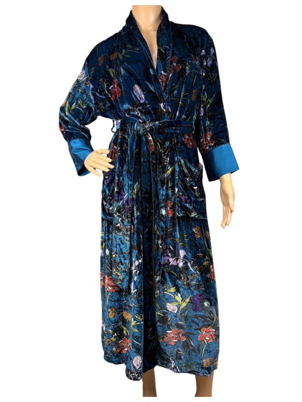 Olivia Von Halle Blue Floral Silk Velvet Robe Satin Lined Luxury Loungewear Size